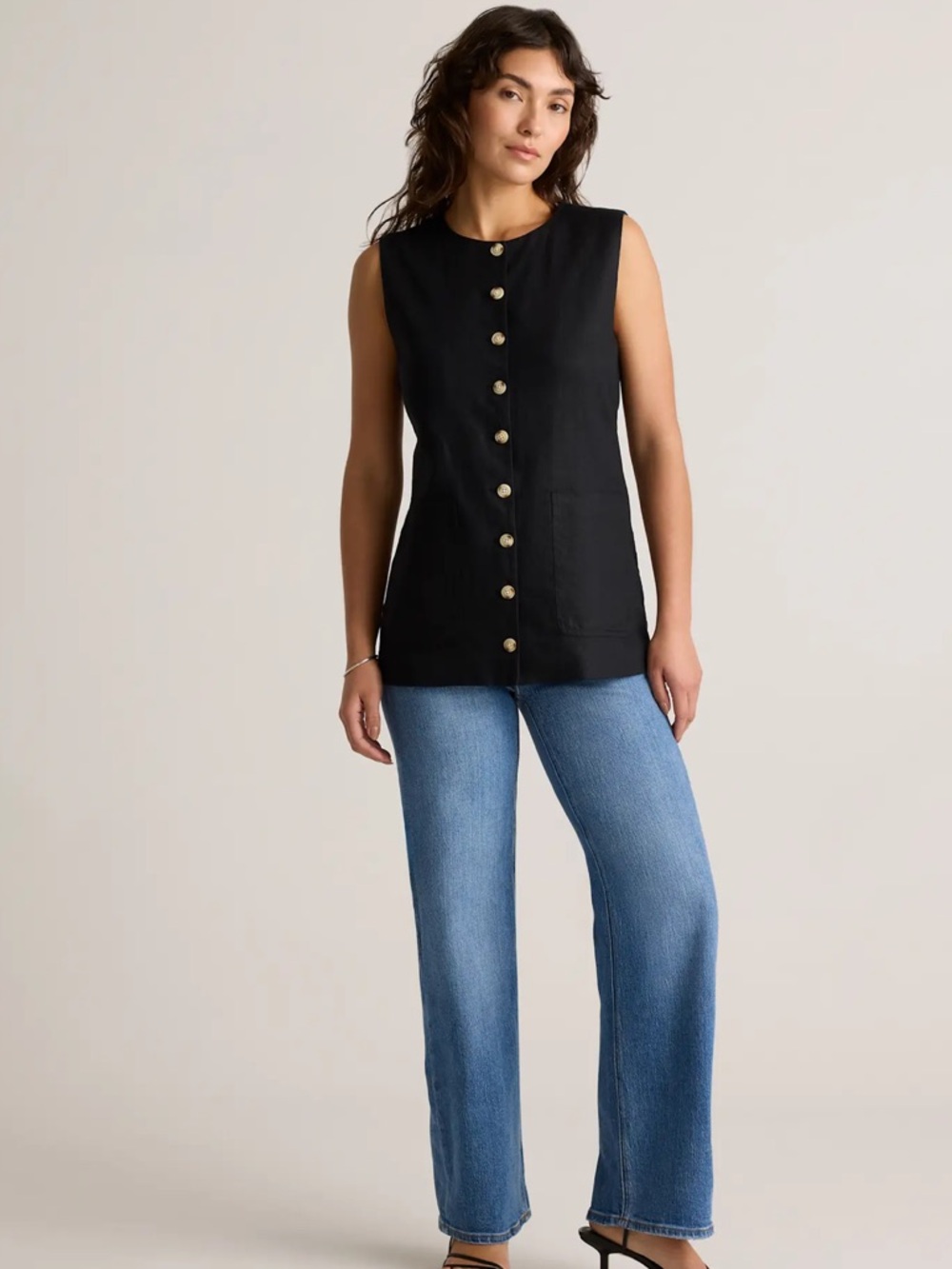Quince Black European Linen Longline Vest Button-Front Top Size XS NWT Old Money - Picture 3 of 11
